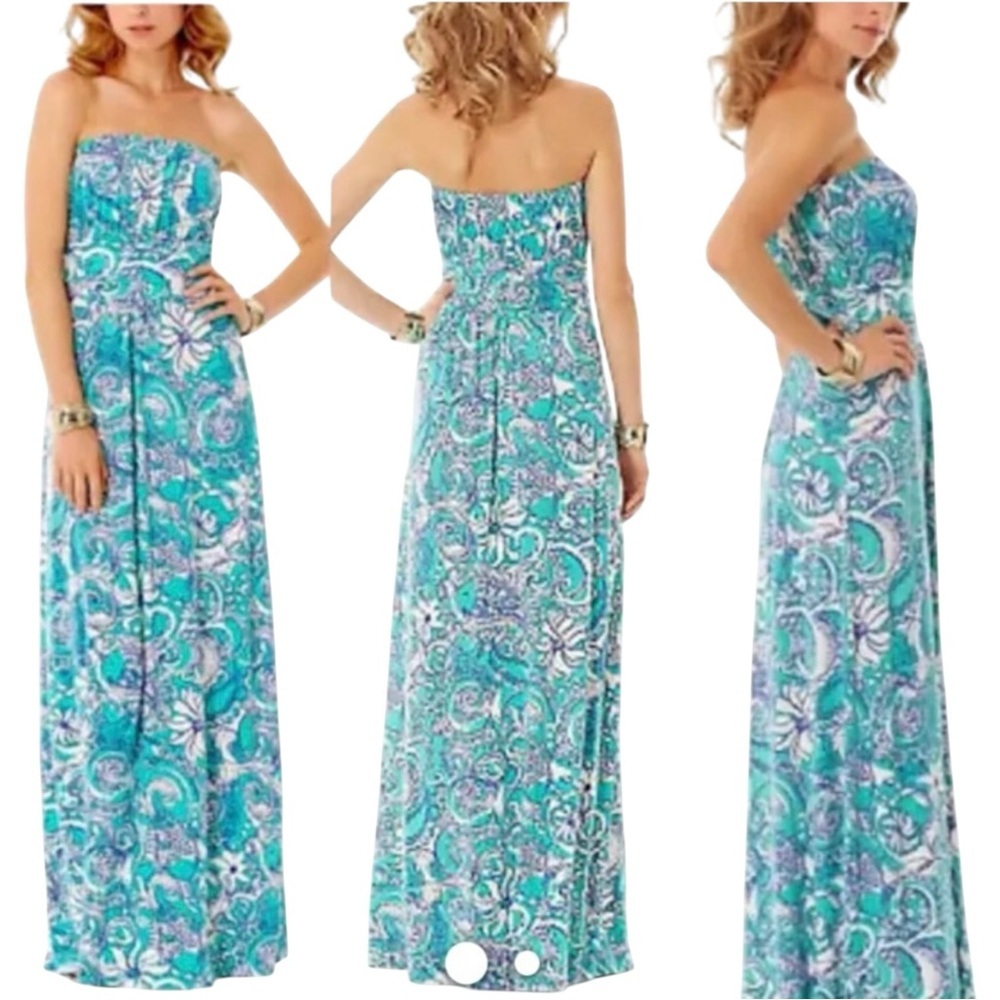 Lilly Pulitzer Holbrook Maxi Dress Sea Foam Blue Paisley Strapless Size S